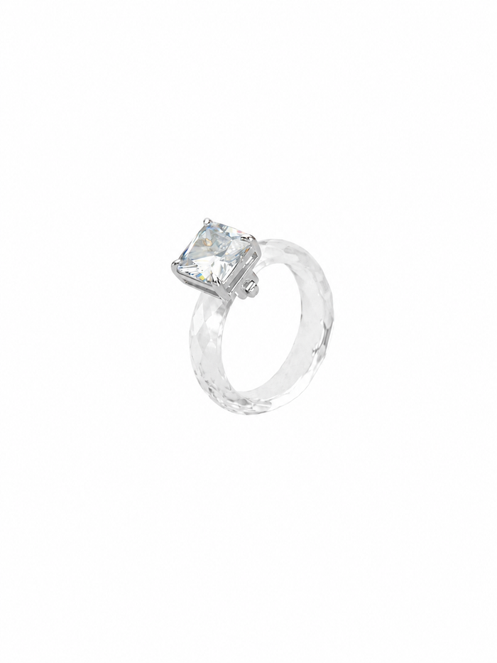 Sparkling White Crystal Statement Ring, Rhodium-Plated 925 Sterling Silver, US Sizes 6-8 - V-1001