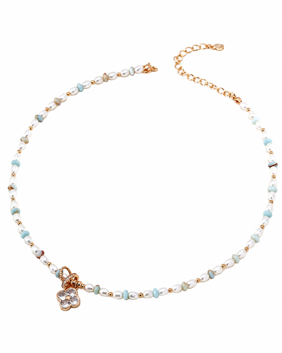 Shoushan Stone, Natural Pearl and Cubic Zirconia Clover Necklace, 18K Gold-Plated 925 Silver, 38+6 cm - V-1051