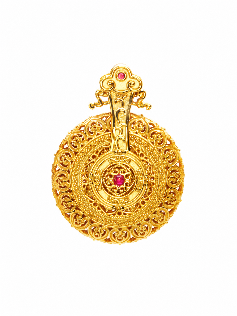 Ruyi Spinning Wheel Pendant with Diamond Simulants, 18K Gold-Plated 925 Silver, 3.4 cm - V-1033