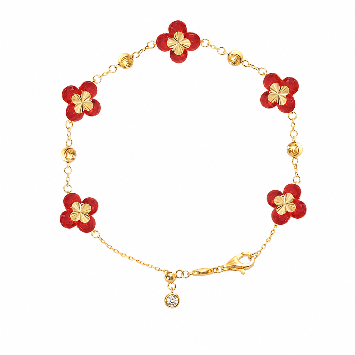 Red Corundum Clover Bracelet with Diamond Simulants, 18K Gold-Plated 925 Silver, 15 cm - V-1006