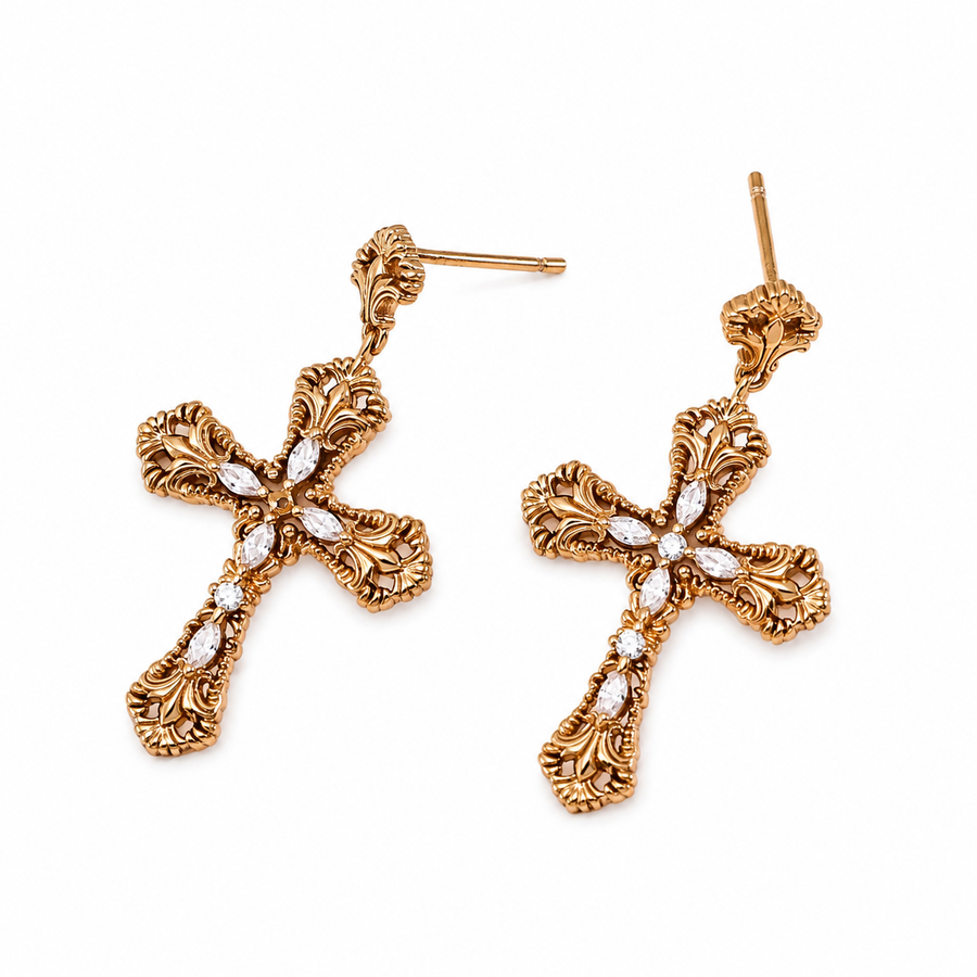 Baroque Cross Cubic Zirconia Drop Earrings, 18K Gold/White Gold-Plated 925 Sterling Silver, 3.5 cm - V-1049
