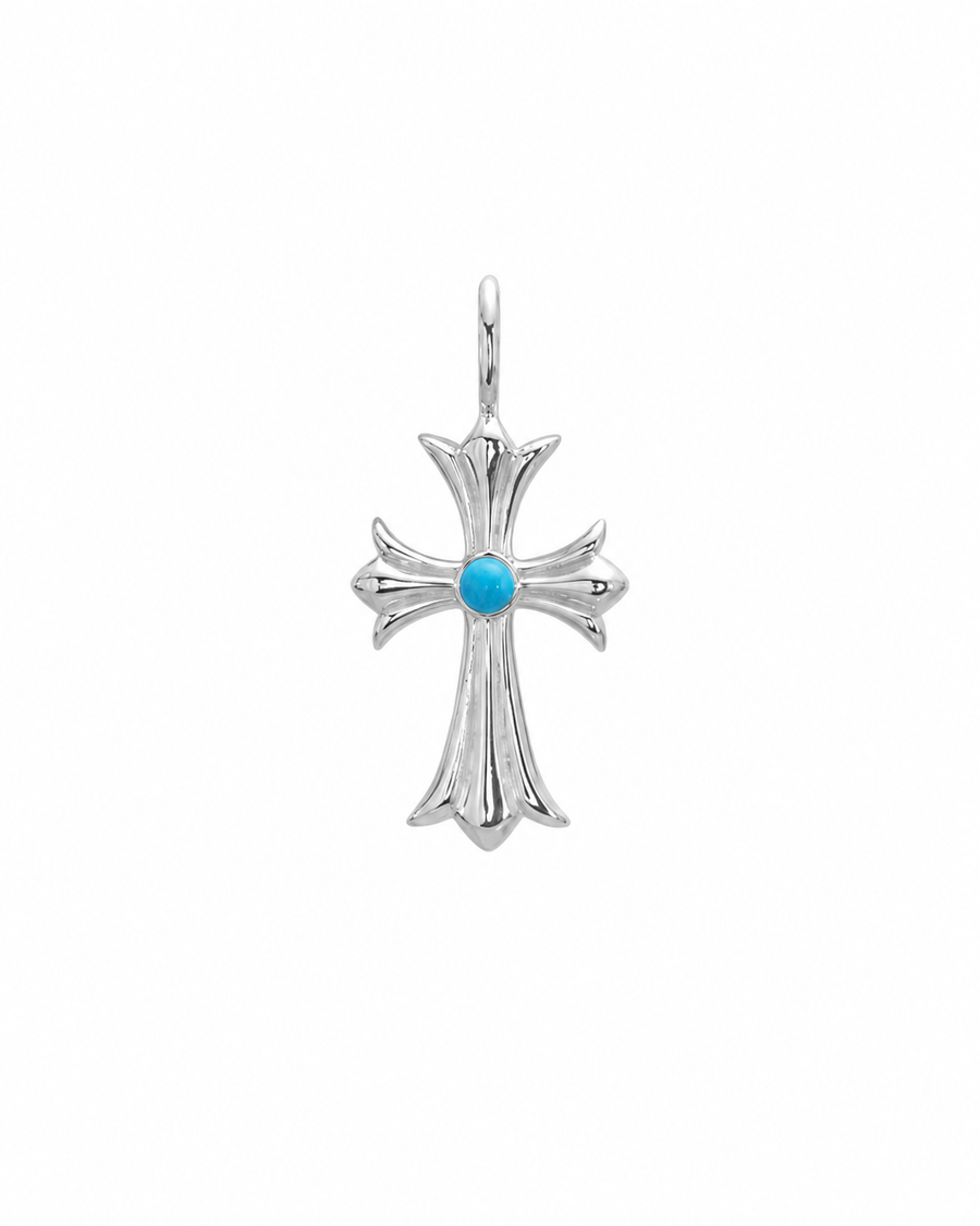 Stabilized Turquoise Cross Pendant, Rhodium-Plated 925 Sterling Silver, 2.5 cm - V-1037