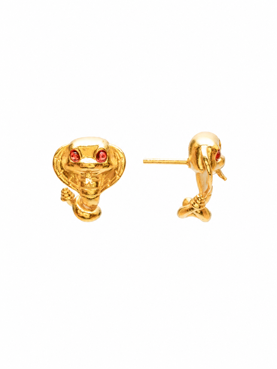 Lucky Red Corundum Snake Stud Earrings, 18K Gold-Plated 925 Sterling Silver - V-1031