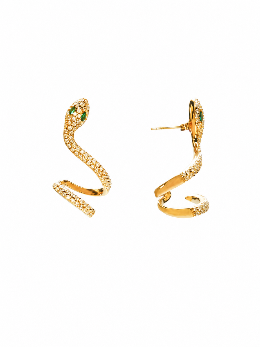 Pave Coiled Snake Stud Earrings, 18K Gold-Plated 925 Sterling Silver - V-1030
