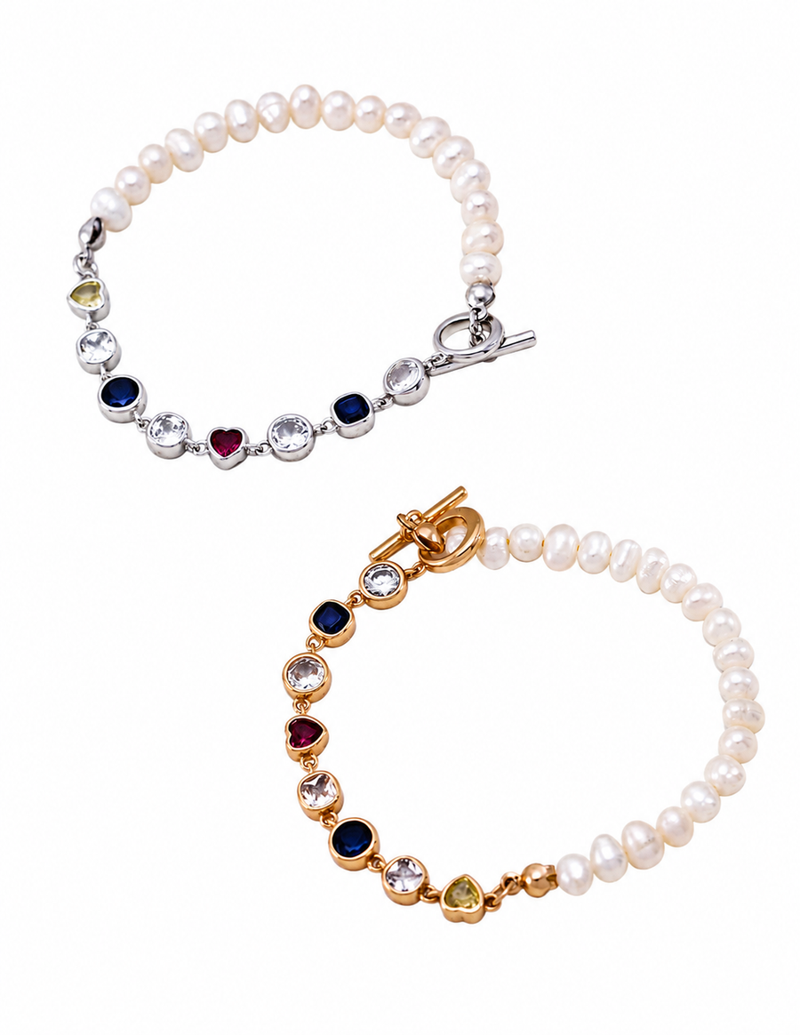Freshwater Pearl and Multicolor Zirconia Bracelet, 18K Gold/White Gold-Plated 925 Silver, 16.5/17.5 cm - V-1045