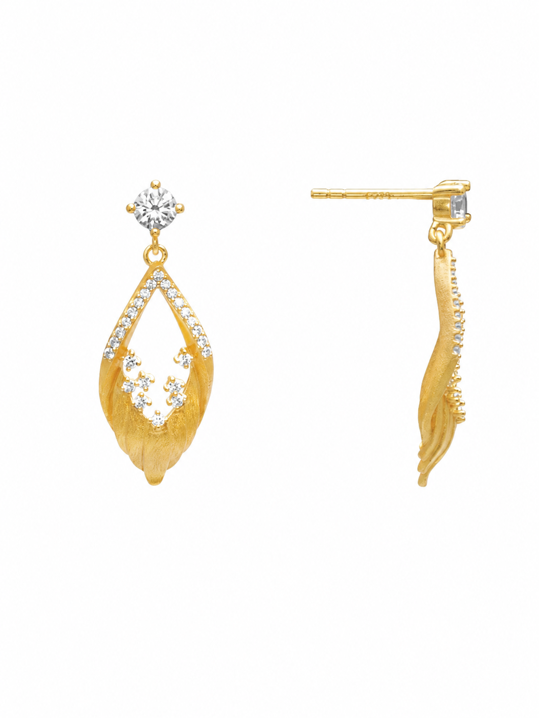 Brushed Feather Pave Stud Earrings, 18K Gold-Plated 925 Sterling Silver - V-1019