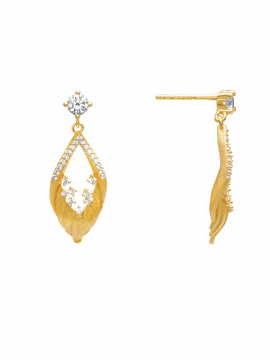 Brushed Feather Pave Stud Earrings, 18K Gold-Plated 925 Sterling Silver - V-1019