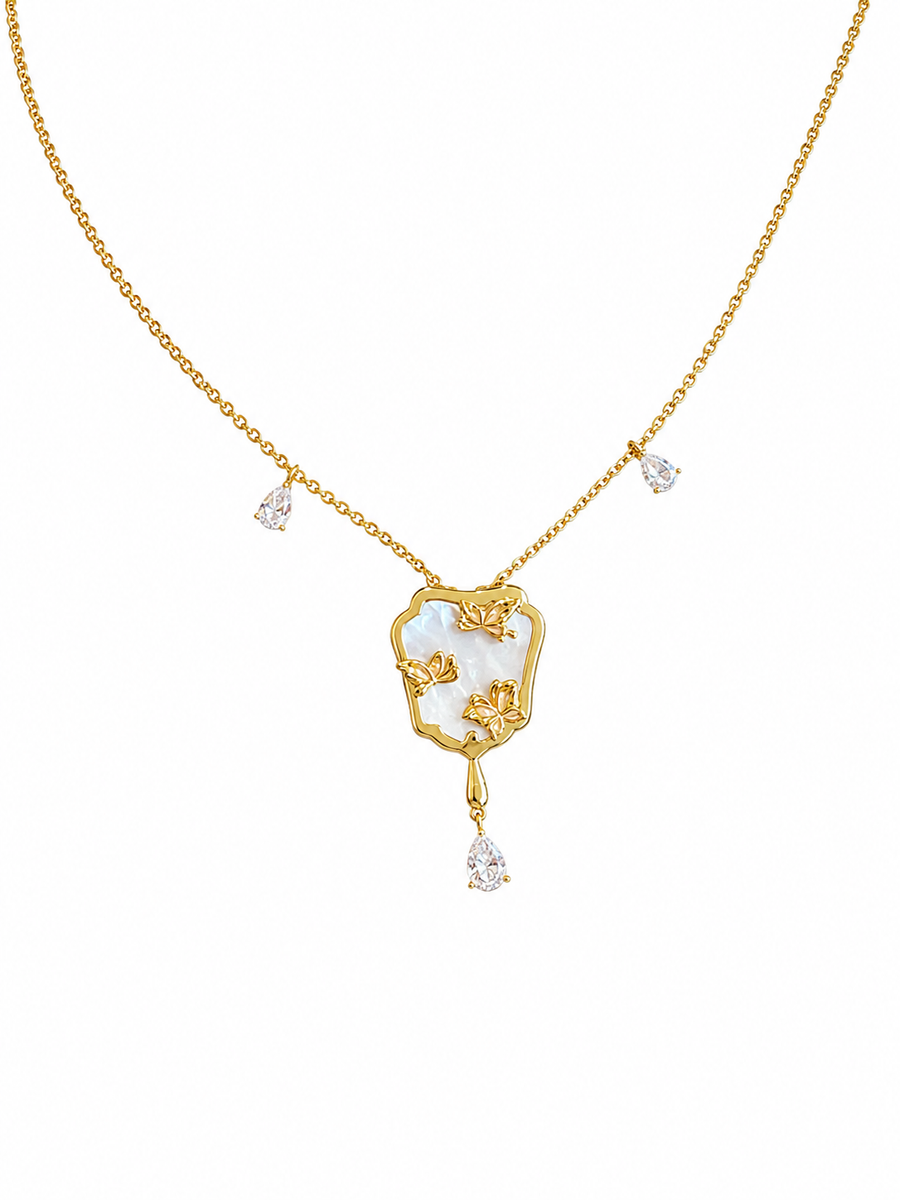 White Mother-of-Pearl Fan Pendant Necklace with Butterfly, 18K Gold-Plated 925 Silver, 45 cm - V-1012