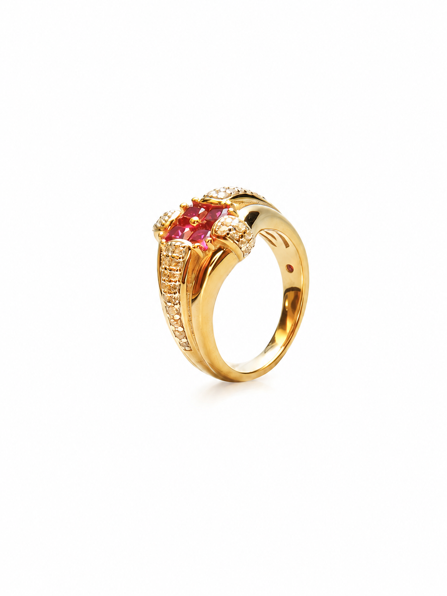 Red Corundum Cross Statement Ring, 18K Gold-Plated 925 Sterling Silver, US Sizes 6-8 - V-1023